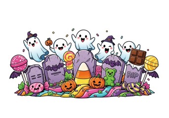Fototapeta premium Cute cartoon ghosts and Halloween candy graveyard illustration tombstone