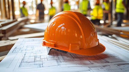 Bright orange hard hat placed on construction blueprints with blurred workers and steel frames in background, symbolizing safety equipment, project planning, teamwork, and architectural progress.