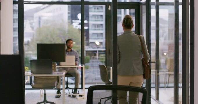 Business, woman and knock on door in office to quit job, liberation success and independence. Excited, female person or meeting with man for career change, freedom celebration and resignation victory
