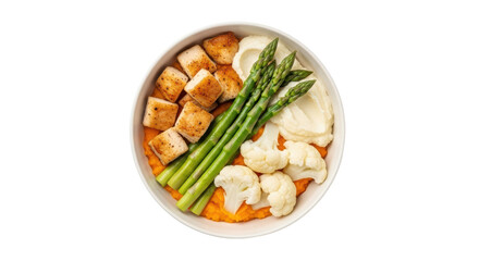 Isolated nutritious food bowl with chicken, asparagus, cauliflower, sweet potatoes, mash