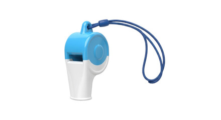 Isolated two-tone blue and white whistle with a neck lanyard in a simple studio setting