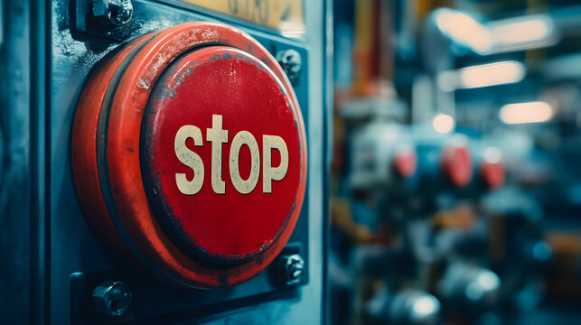 Industrial control emergency stop switch in red with yellow base, vital safety device for factory operations, automation processes, and urgent hazard prevention.