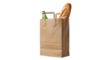 Isolated grocery shopping bag with bottle and bread loaf on neutral, modern backdrop