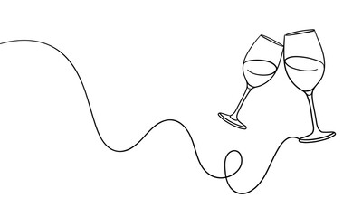 Obraz premium Continuous line champagne cheers one line art, continuous drawing contour. Hands toasting with wine glasses with drinks. Cheers toast festive decoration for holidays. Vector illustration 