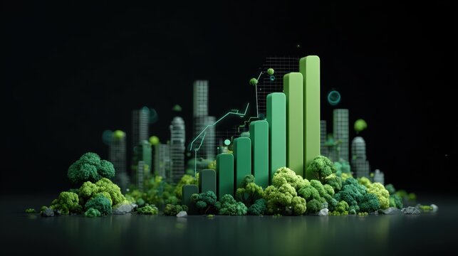 Green Growth Data Visualization with Bar Charts and Abstract City Elements in Dark Background