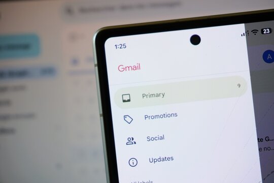 Agadir, MOROCCO- 28 September 2025: A screen displaying the Gmail inbox with a mail background on a computer screen.