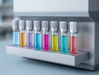 Detailed view of high-performance liquid chromatography system analyzing colorful biochemical samples