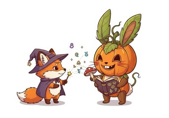 Fototapeta premium Cute fox wizard with magic wand and pumpkin rabbit reading book image