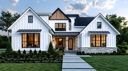 Fototapeta premium Sophisticated home architecture design with white modern cladding, natural timber accents, stone-faced exterior walls, broad windows, and landscaped yard illuminated by natural sunlight.
