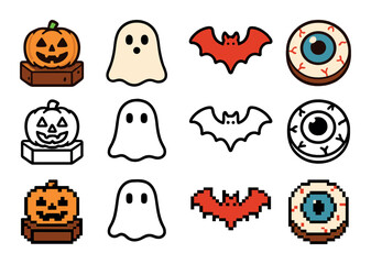 Halloween icons: pumpkin, ghost, bat, eyeball in pixel and outline styles