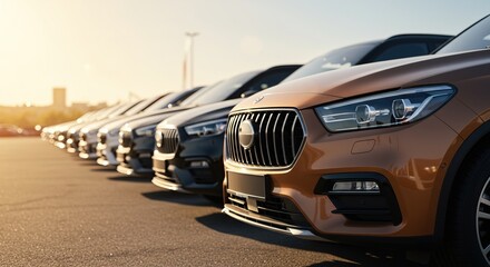Fototapeta premium Row of Modern Automobiles in a Car Dealership Ready for Customers