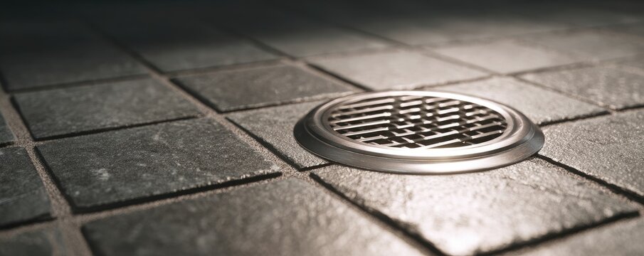 Close-up of a metal drain grate on a stone floor - Powered by Adobe