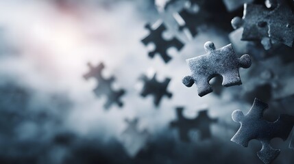 Scattered puzzle pieces float in a dramatic misty environment symbolizing connection and the search for solutions