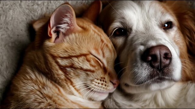 Cute ginger cat and a happy dog peacefully sleeping and cuddling together in a cozy embrace