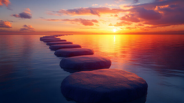Conceptual art of stone path across reflective ocean at dawn, abstract metaphor for overcoming obstacles, life growth, resilience, wisdom, and future accomplishments.
