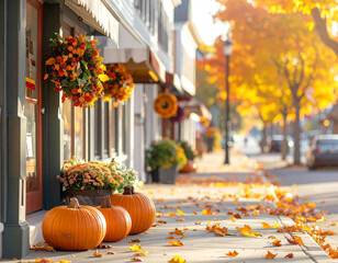 Autumn Street Scene Pumpkins, Wreaths, and Colorful Foliage in a Charming Small Town