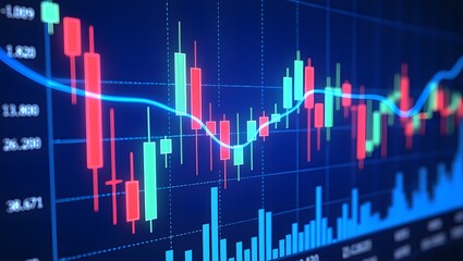 Financial stock market candlestick chart with blue moving average line
