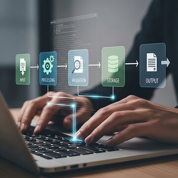 Data processing workflow on a laptop, showing input, processing, validation, storage, and output stages.