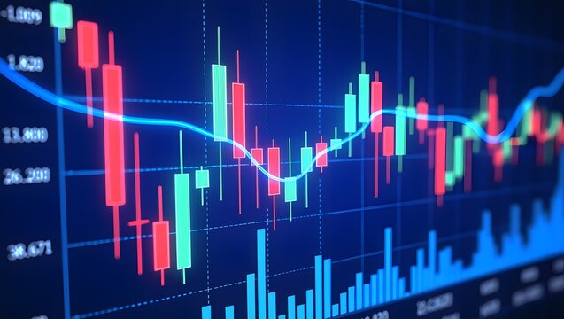 Financial stock market candlestick chart with blue moving average line - Powered by Adobe