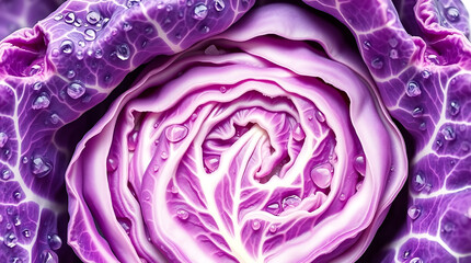 Obraz premium Extreme Macro Shot of Red Cabbage Leaf with Water Drops, Abstract Organic Pattern of Fresh Cruciferous Vegetable