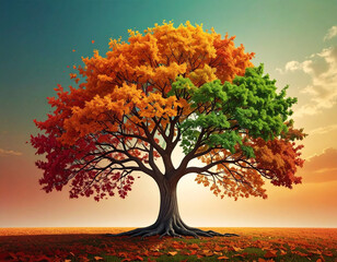 A majestic tree in its full glory, showcasing the vibrant transition of seasons from fiery red and orange to lush green