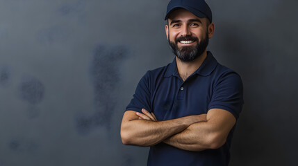 Bearded service worker wearing navy shirt and cap smiles confidently with arms crossed, portrait of trustworthy technician or logistics employee on neutral grey wall, perfect for business representati