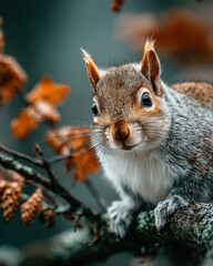 Obraz premium Squirrel Perched on Tree Branch Flicking Its Tail in Autumn Scene