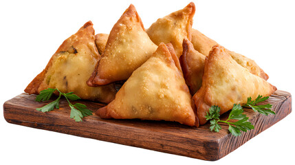 Stack of Golden Samosas on a Wooden Board with Parsley pastry fried isolated on a transparent background