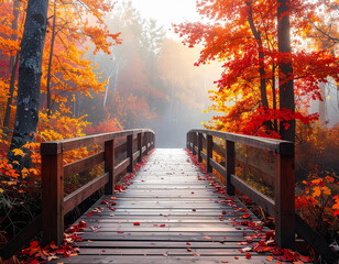 A wooden bridge crosses a forest path adorned with vibrant autumn foliage, bathed in soft, warm sunlight