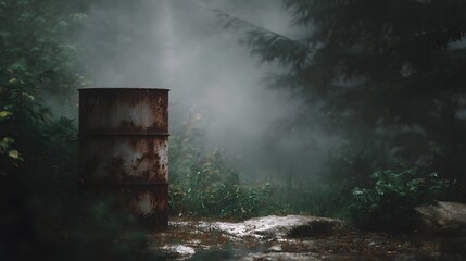 A rusty weathered barrel abandoned in a damp misty forest creates a somber mood with atmospheric fog
