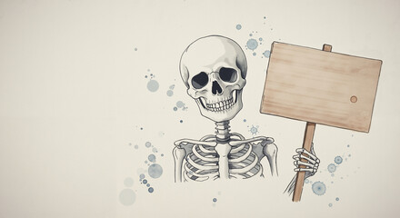 Skeleton holding a blank sign with colorful splashes in background  