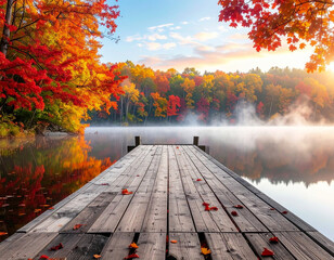 Scenic wooden pier extends into a misty lake reflecting the vibrant colors of the surrounding autumn forest at sunrise