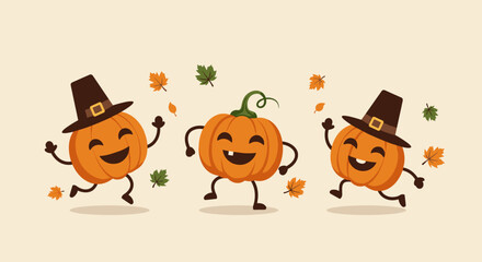 Fototapeta premium Cheerful pumpkins wearing hats dancing with leaves in autumn theme 