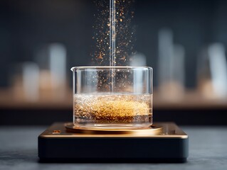 Detailed visualization of magnetic stirrer mixing clear biochemical liquid in glass beaker