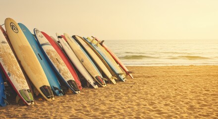 Surfing action at beach sunset surfboards lined on sand outdoor adventure relaxing atmosphere