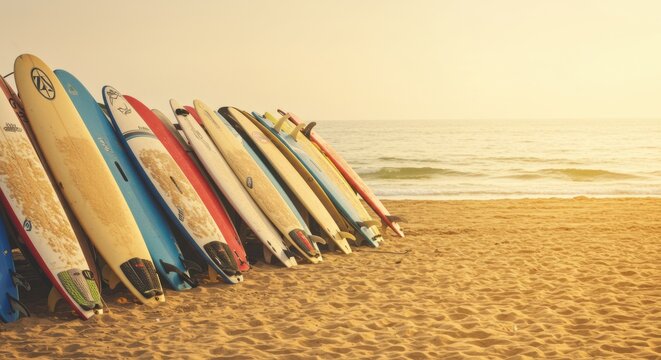 Surfing action at beach sunset surfboards lined on sand outdoor adventure relaxing atmosphere