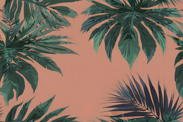 Tropical green leaves pattern on a warm peach background