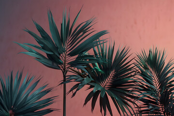 Tropical palm fronds illuminated by moody pink and teal lighting