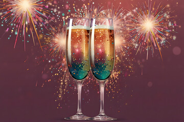 Champagne glasses toasting against festive fireworks display