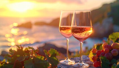 A romantic seaside concept featuring two glasses of elegant rosé wine against the backdrop of a stunning golden sunset over the ocean