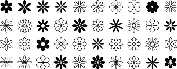 Black silhouette vector of abstract flower shapes with varied petal styles, geometric floral icons for pattern design, decoration, and classification