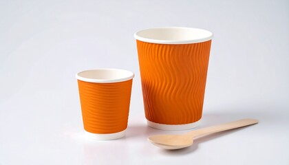 Two orange disposable cups, one small and one tall, lay near a wooden spoon on white