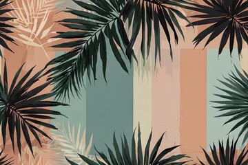 Tropical palm leaves overlaying soft pastel stripes pattern
