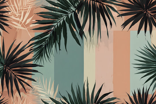 Tropical palm leaves overlaying soft pastel stripes pattern