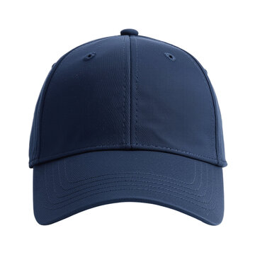 Detailed view of a navy blue baseball cap with a textured surface, isolated on a pure transparent background