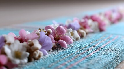 detailed woven runner with beaded texture, silk ribbon, hollow form with fresh flowers.