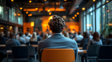 Business workshop presentation in contemporary meeting space, blurred focus on audience engaging with speaker, concept of corporate education, leadership, and staff development.