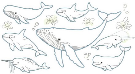Obraz premium Marine Life Illustration Collection - A collection of line art illustrations of various marine mammals, suitable for coloring or design purposes