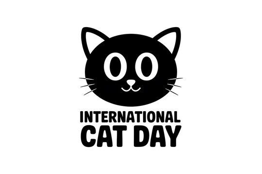 Black cat face with big eyes and whiskers celebrating international cat day with text