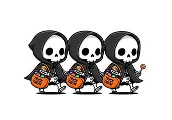 Obraz premium Three cartoon grim reapers with trick or treat bags and candy halloween skeleton